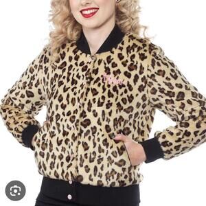Leopard cheetah animal print bomber jacket, goth gothic punk vegan size S as new